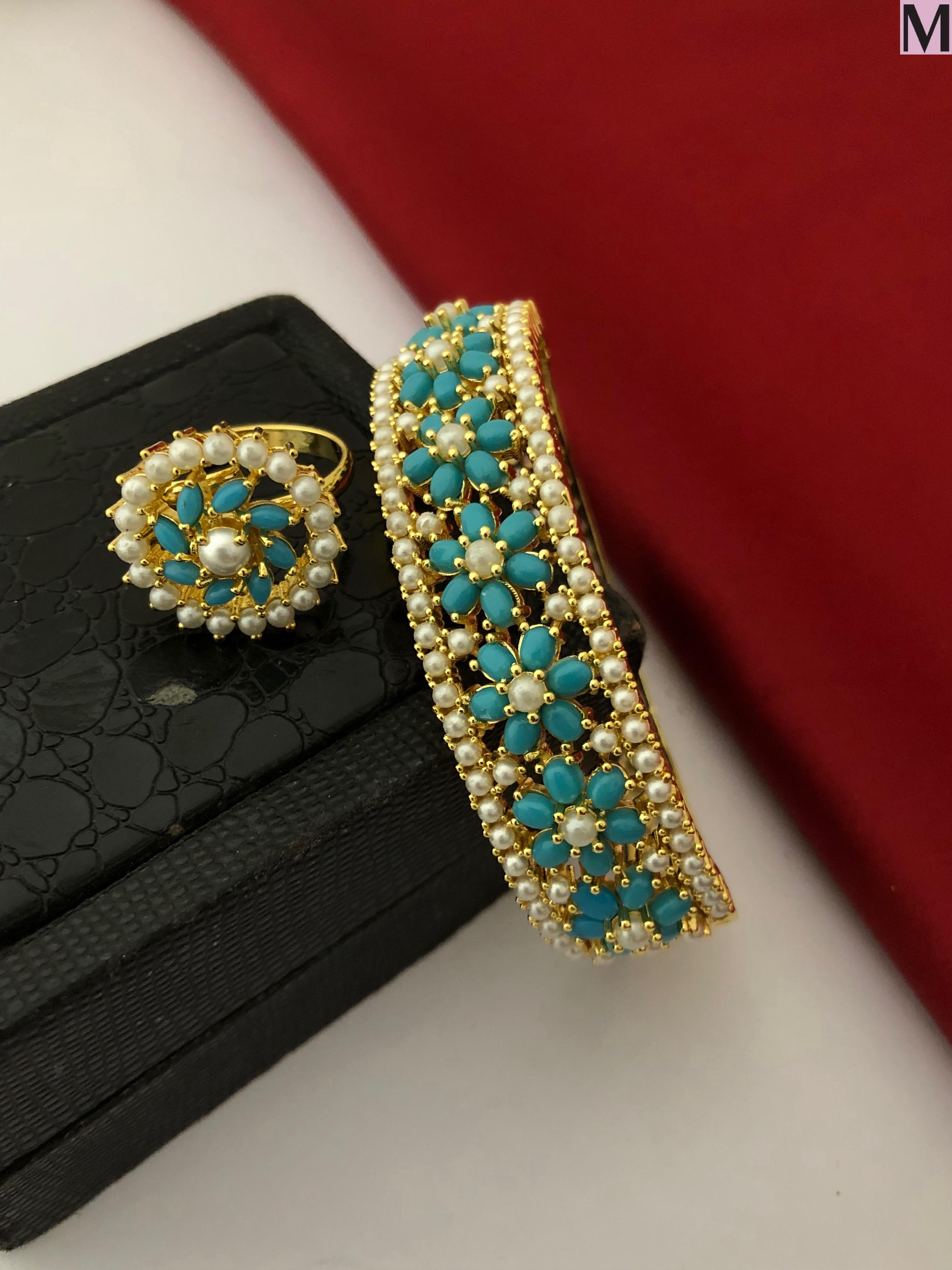Turquoise Floral Pearl Kada with Matching Ring