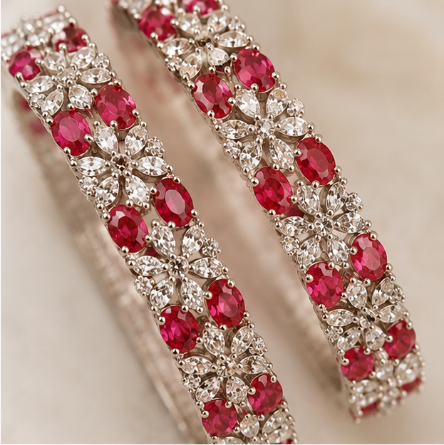 THE SHAHI RUBY FLORET SILVER KADA SET