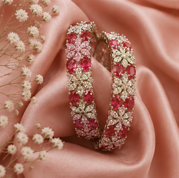 THE SHAHI RUBY FLORET SILVER KADA SET