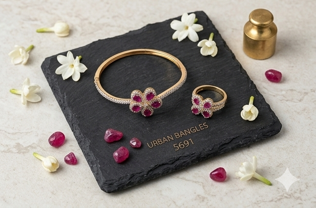 DAHLIA BOTANICAL RUBY-TONED BRACELET & RING SET