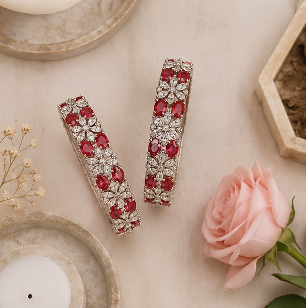 THE SHAHI RUBY FLORET SILVER KADA SET