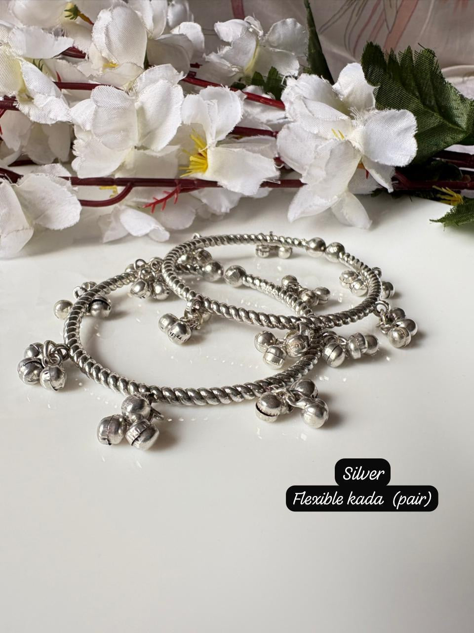 Classic Silver Flexible Kada Pair with Ghungroo Charms