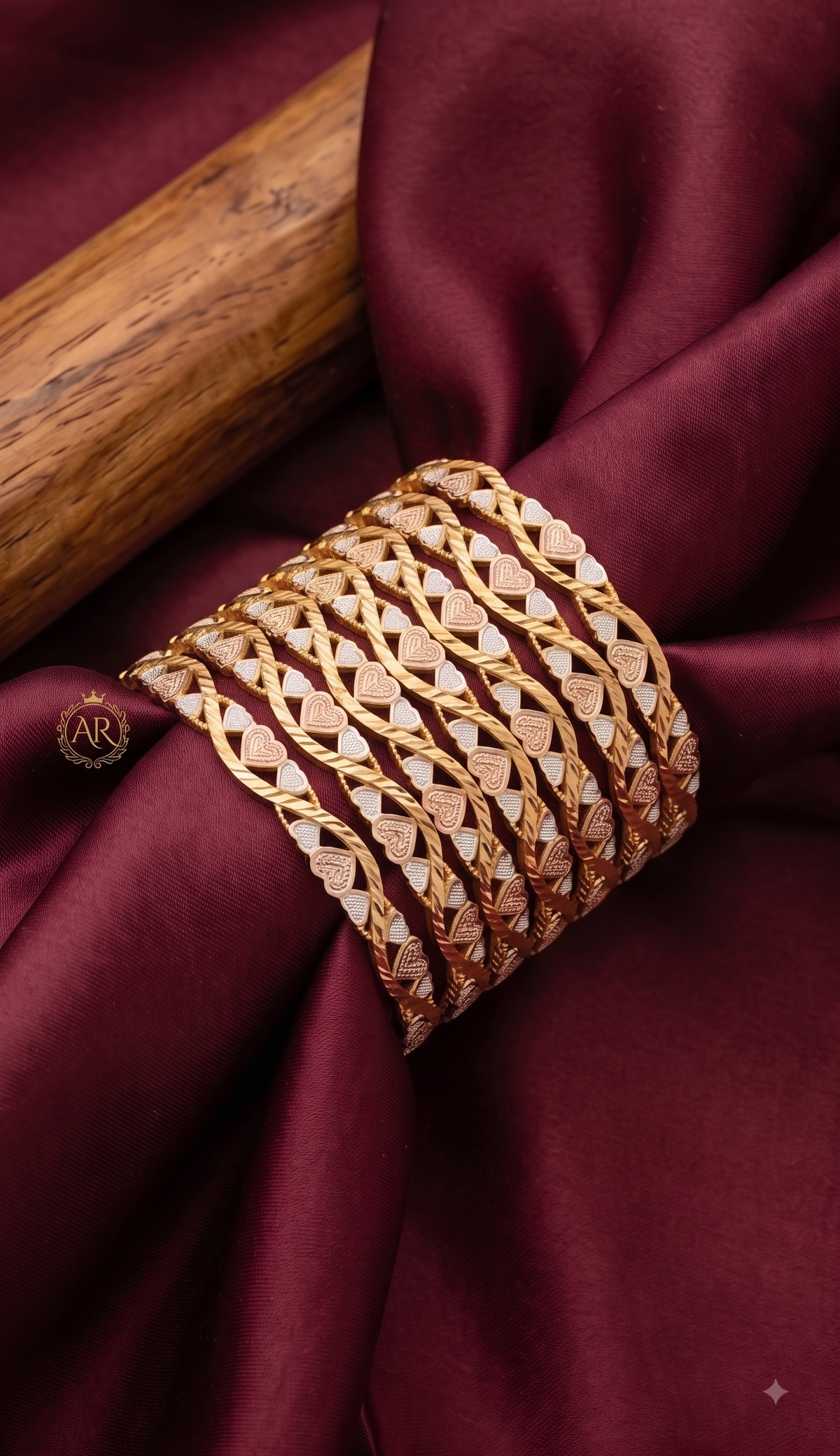Tri-Tone Heart Cutout Bangle Set