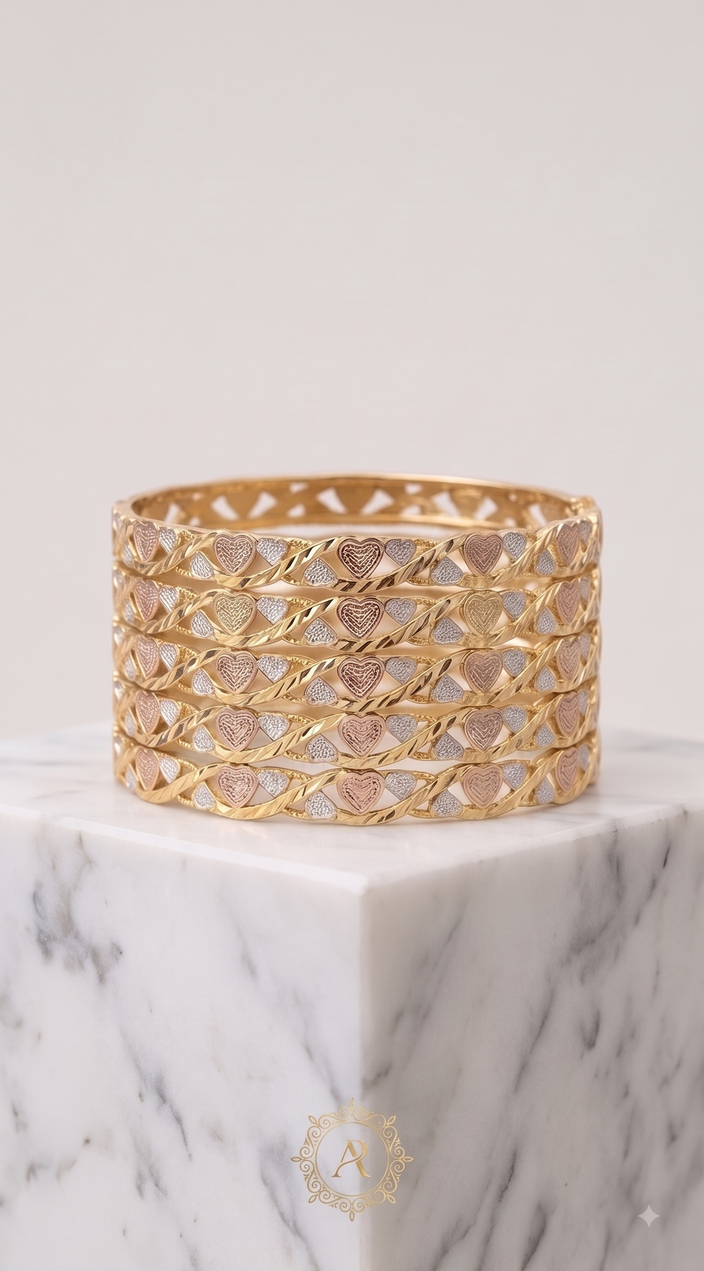 Tri-Tone Heart Cutout Bangle Set