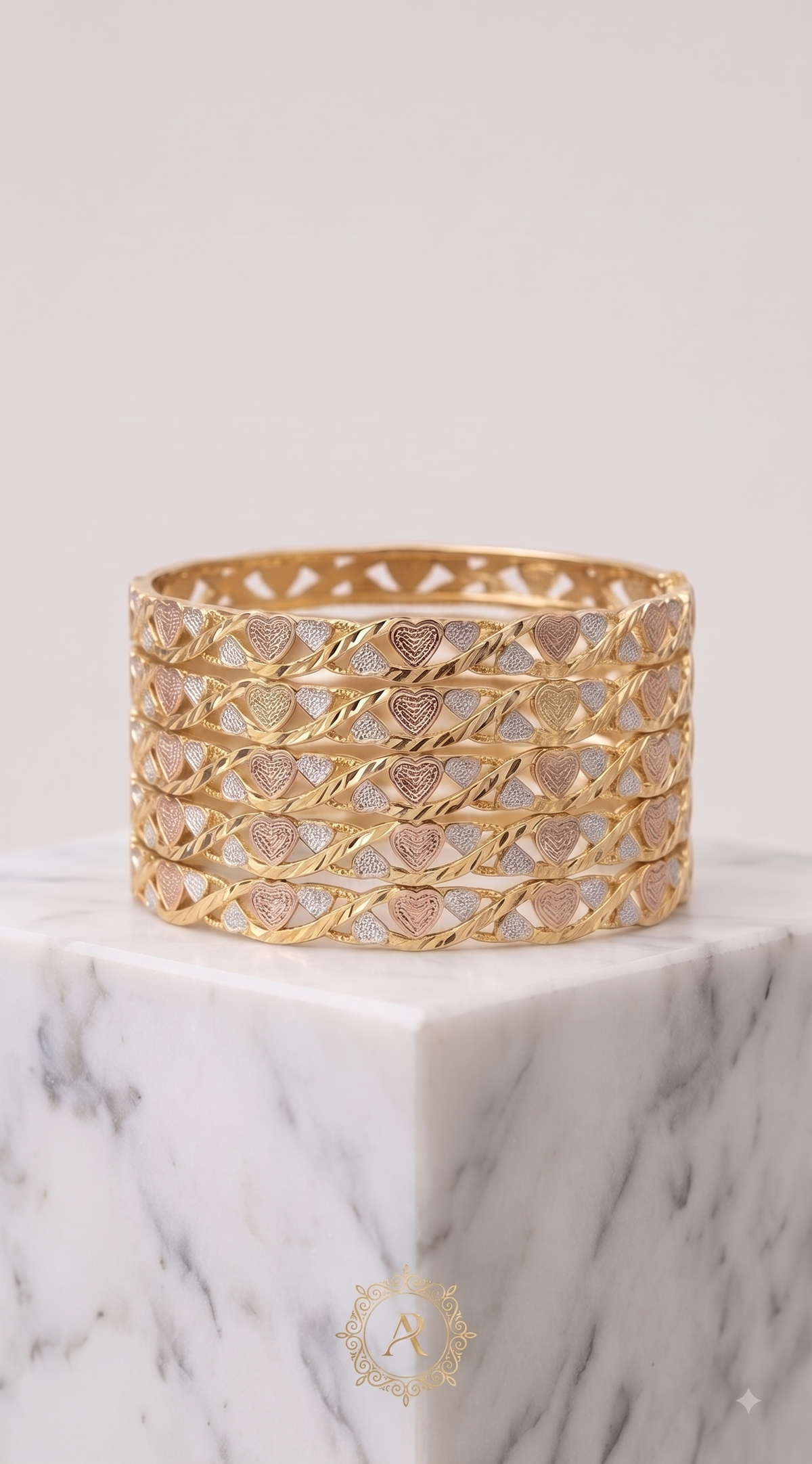 Tri-Tone Heart Cutout Bangle Set