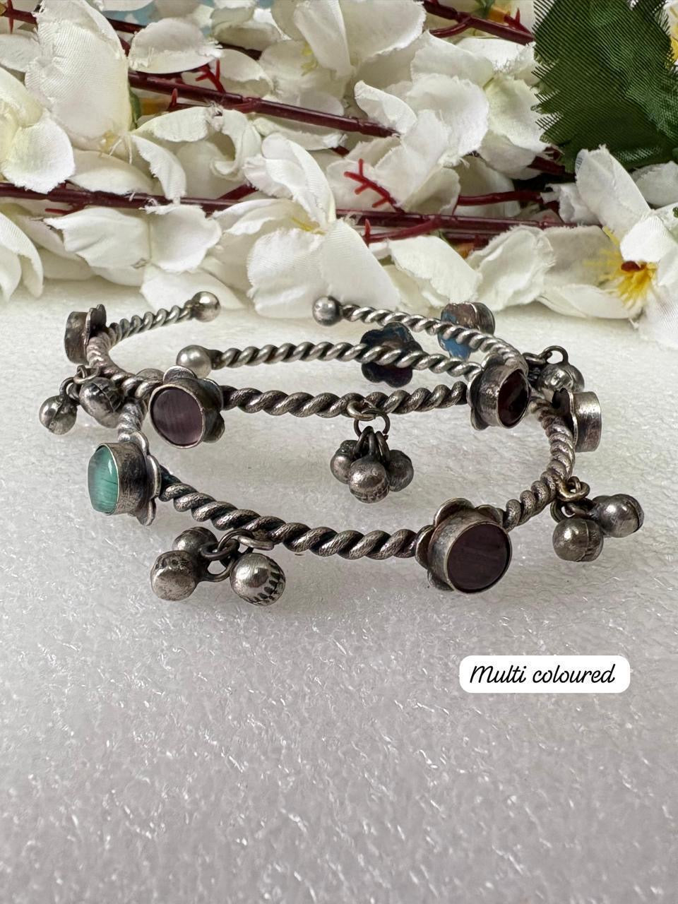 Antique Silver Twist Bangles with Beaded Charms