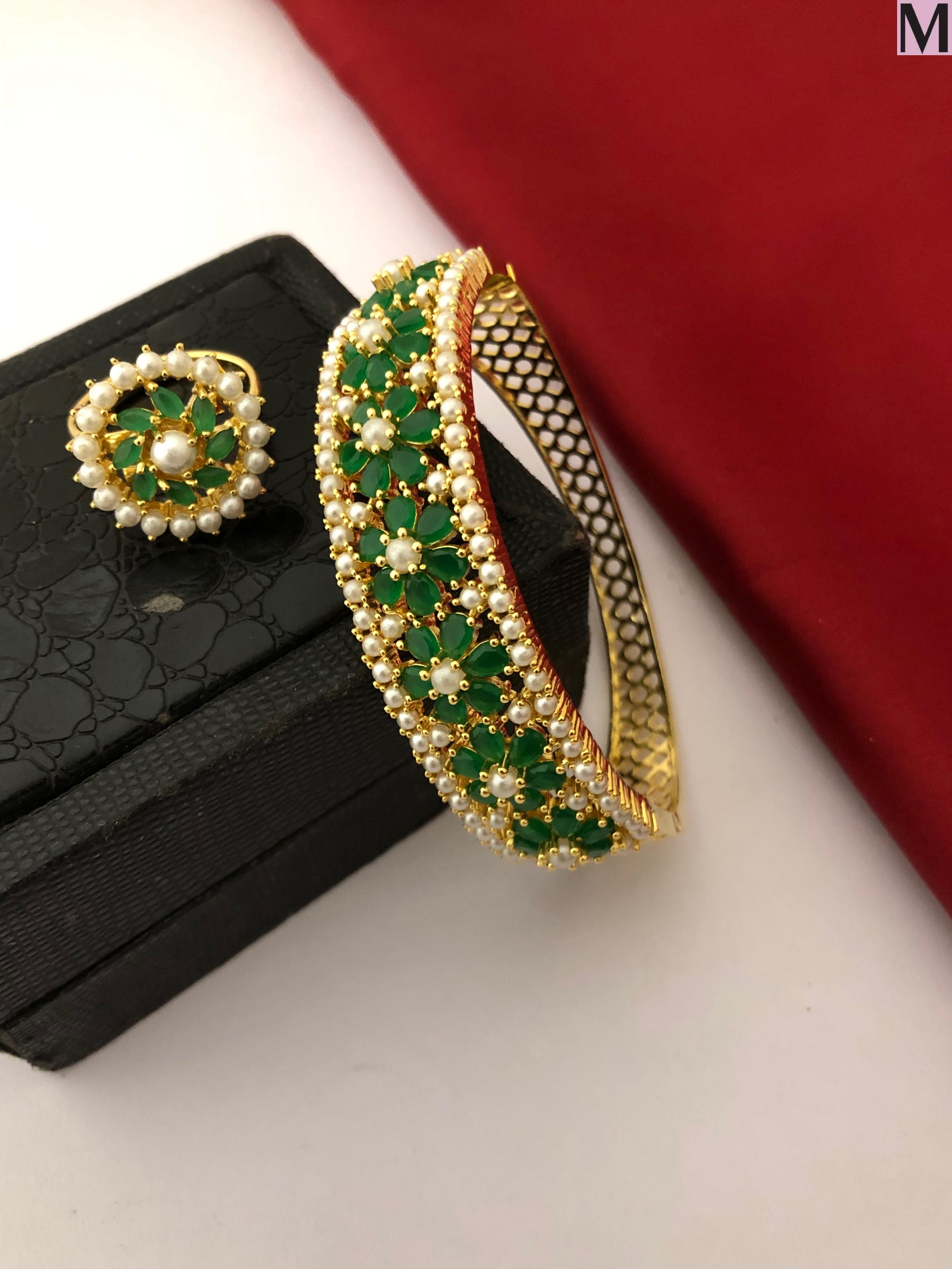 Regal Stone Floral Kada Ring Duo