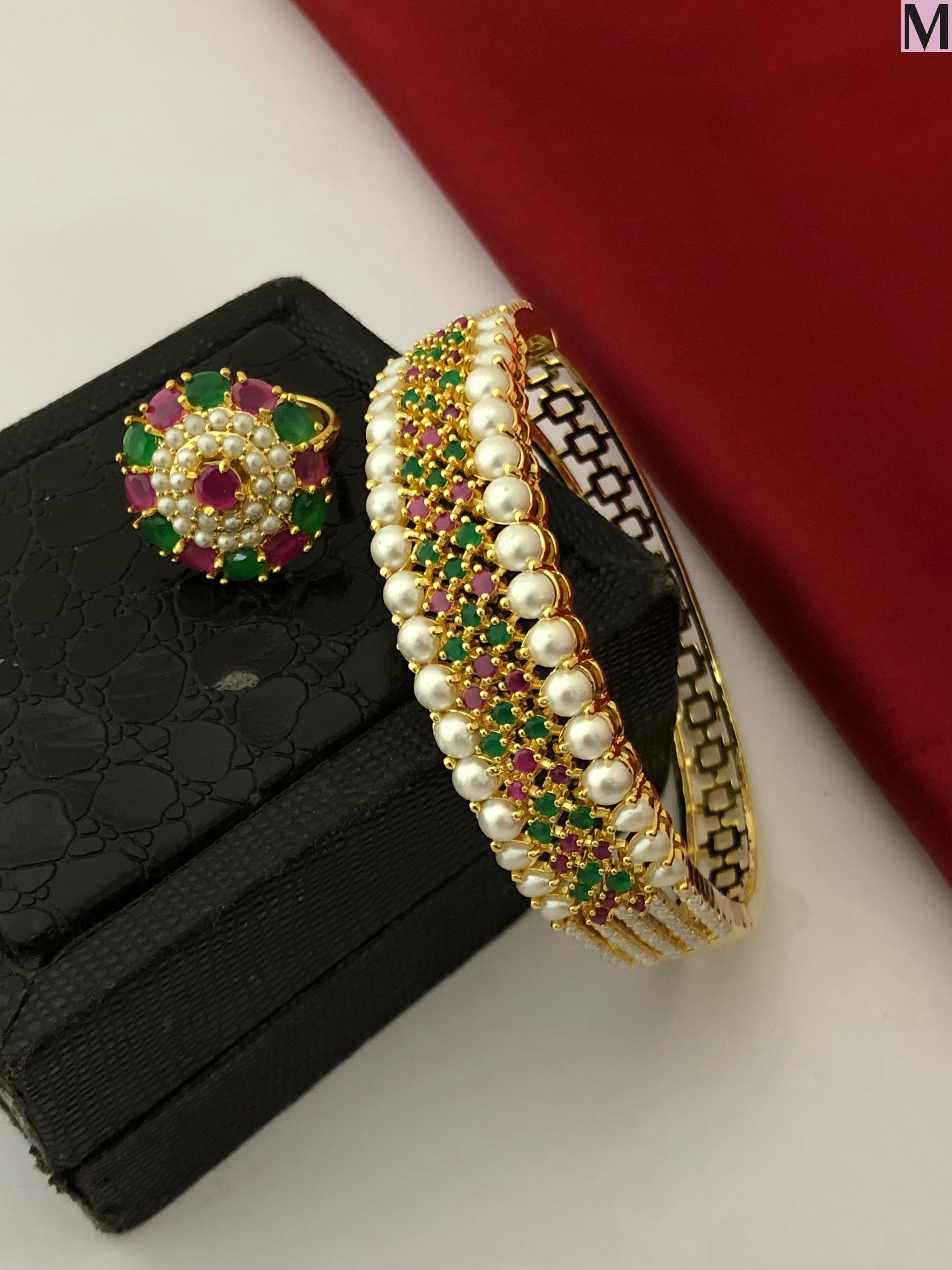 Floral Pearl Kada Set in Gold Finish