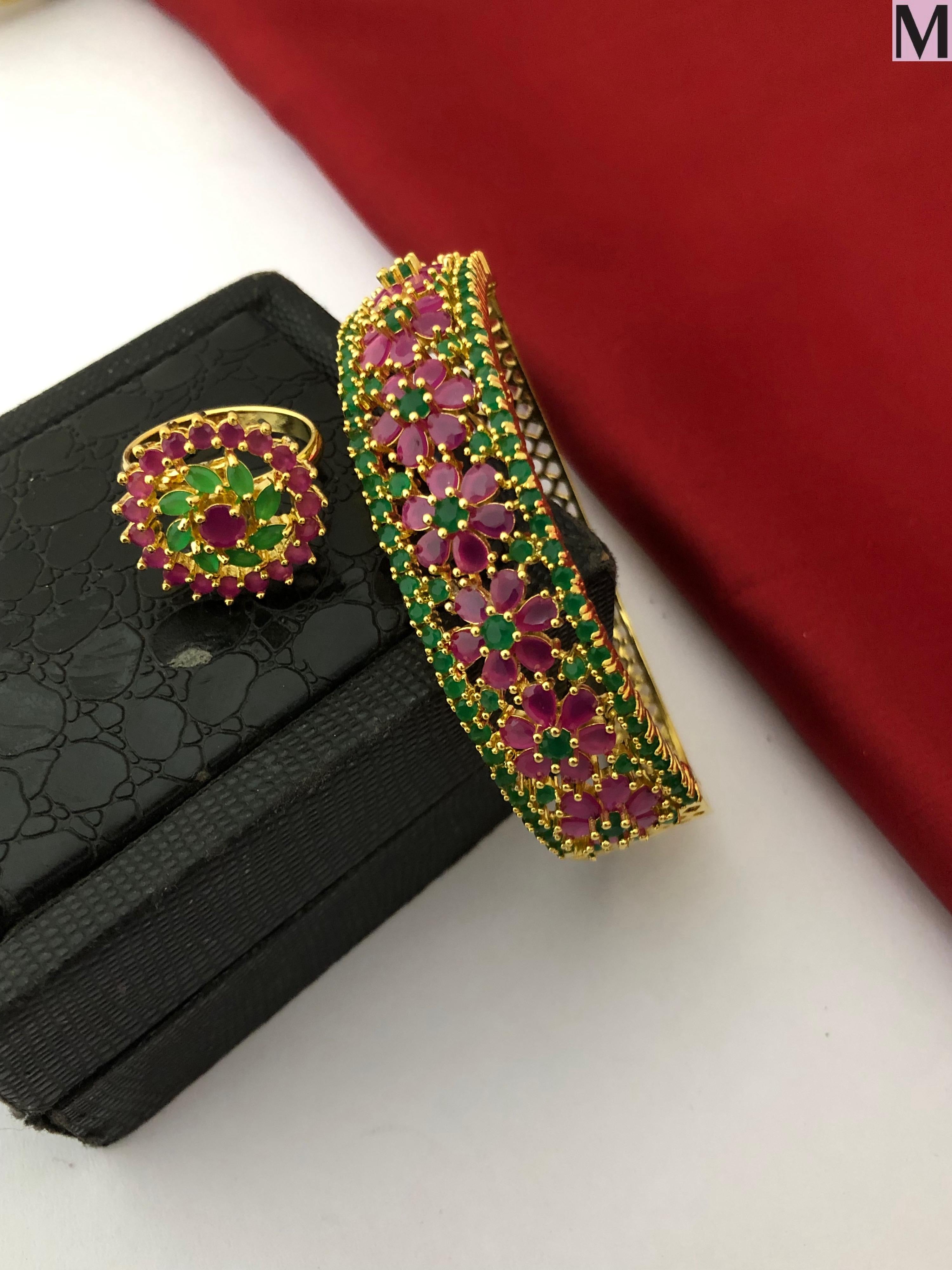 Multi-Stone Floral Kada with Adjustable Ring